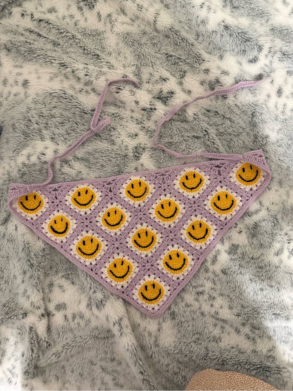 Women’s Crochet Triangle Bandana Head piecewith Yellow Smiley Flowers - Lavender